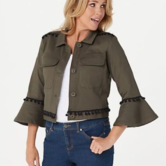 Du Jour Fashions Cropped Twill Olive Bell Sleeve Button Up Jacket w Pom Pom Trim - Picture 1 of 8